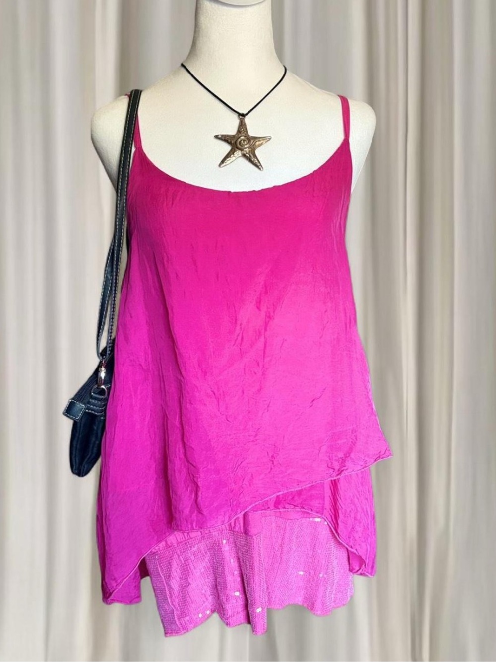 Y2k Style Bright Fuchsia Sequined Layered Tiered Sleeveless Top Hot Pink Mcbling